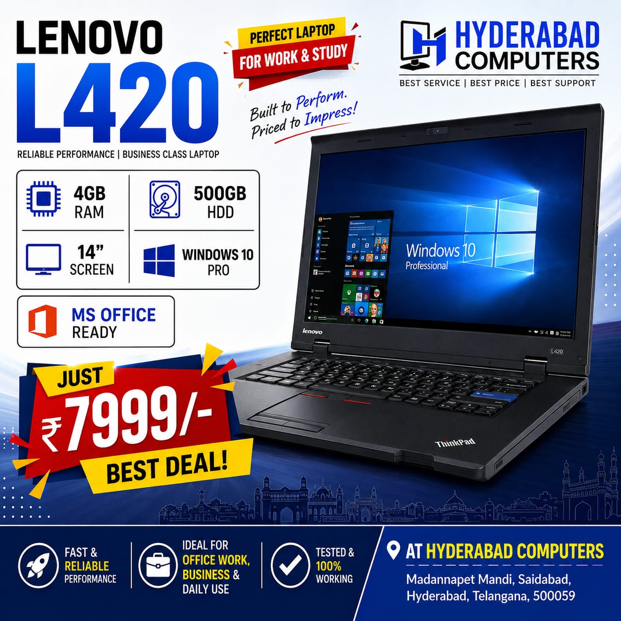 Refurbished Lenovo ThinkPad L420 business laptop, priced at 7,999 rupees