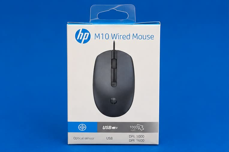HP M10 wired mouse box front view